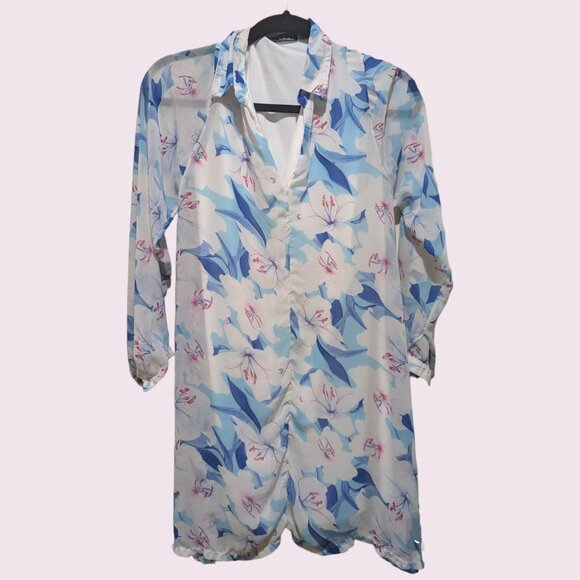 Tropical Floral Long Sleeve Shirt Collared Flowy Dress Small - Picture 1 of 1
